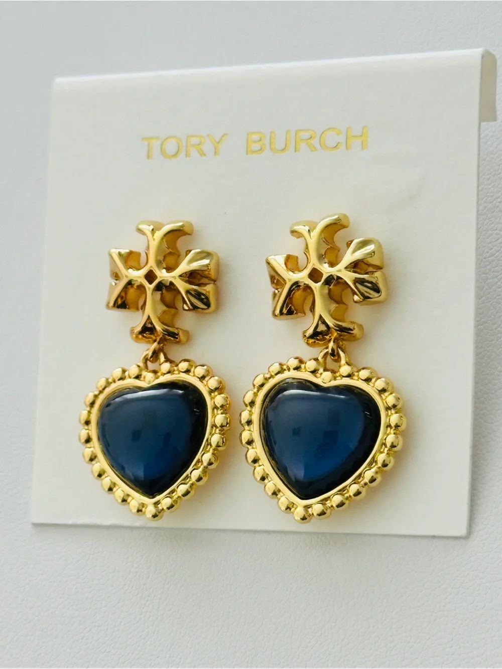 Tory Burch Gold-Tone Drop Earrings with Navy Heart Cabochons